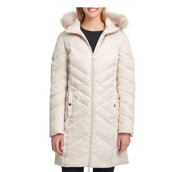 NWT Kenneth Cole SZ SMALL Women's Long Down Faux Fur Hooded Jacket in Frost NEW - Picture 1 of 12